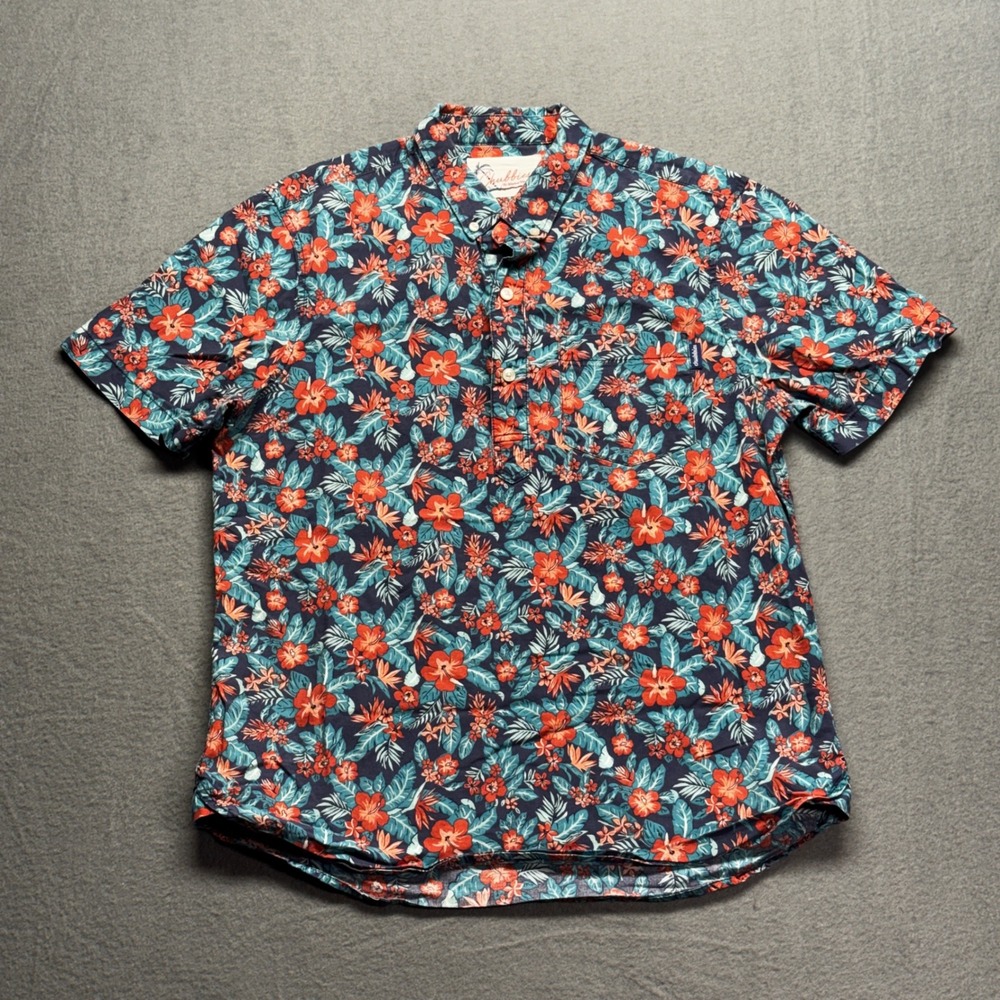 Chubbies Floral Popover Shirt Mens Medium Navy Tropical Hibiscus Stretch SS